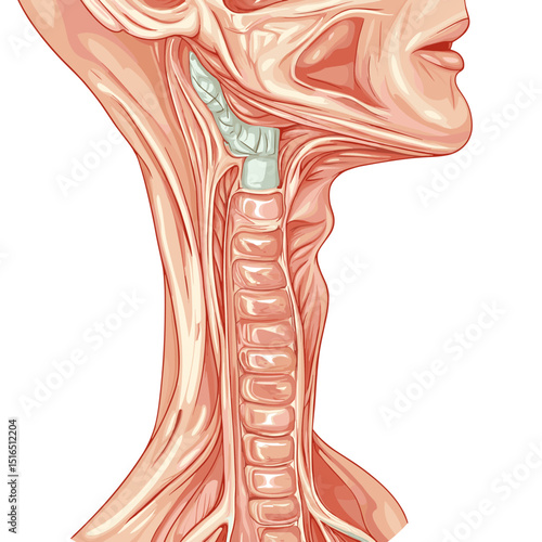 Detailed Anatomical Illustration of Human Neck with Thyroid Gland Trachea and Esophagus Medical Diagram Featuring Muscles Artery and Vertebrae