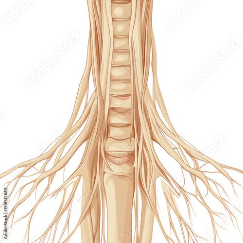 Detailed Anatomical Illustration of Spinal Cord and Nerves with Vertebrae Structure in Neutral Tone