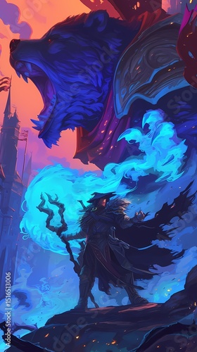 Anime illustration of a powerful wizard standing on a rocky outcropping with a majestic bear beside him amidst a vibrant cityscape