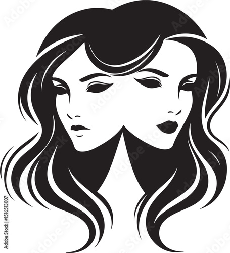 Abstract black and white illustration of two women's faces merged together, symbolizing duality or unity