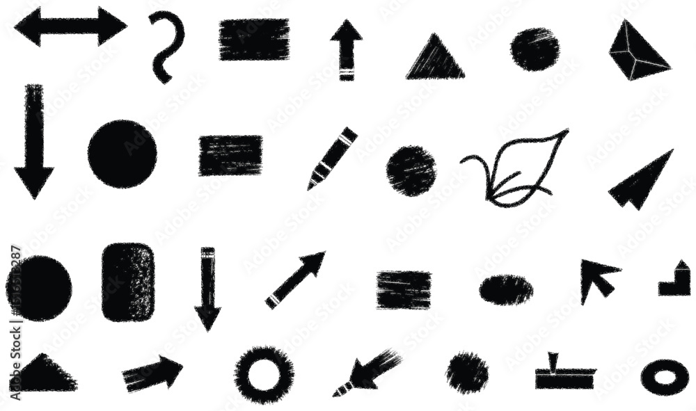Fototapeta premium A collection of hand-drawn shapes and symbols, including arrows, geometric figures, and various abstract forms.