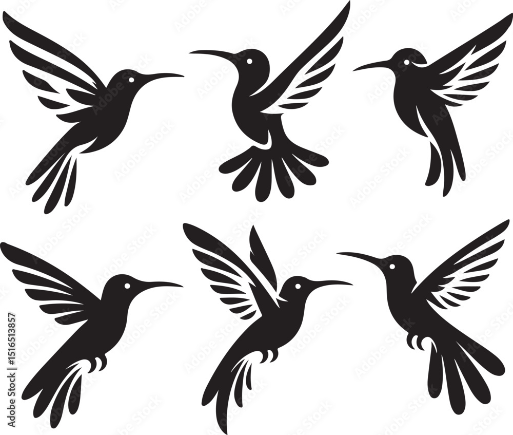 Fototapeta premium Six stylized hummingbird silhouettes in various poses, ideal for logos or design elements.