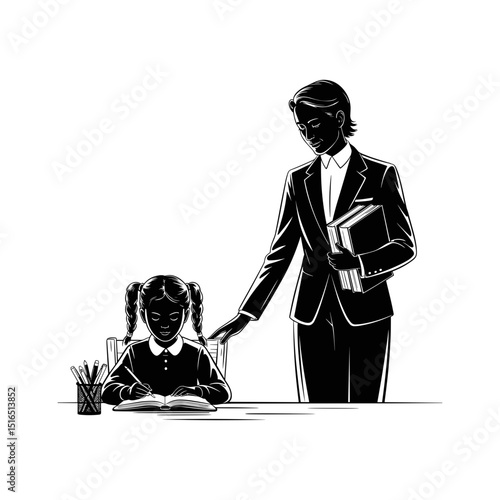 Black and White Vector Illustration of Teacher Mentoring Student at Desk