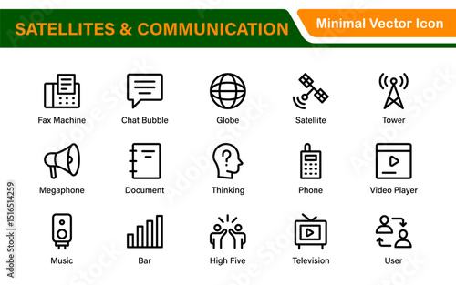 Modern Satellites and Communication Icons – Clean Outline, Line Art, Vector Illustrations for Space Exploration, Technology, and Communication Systems