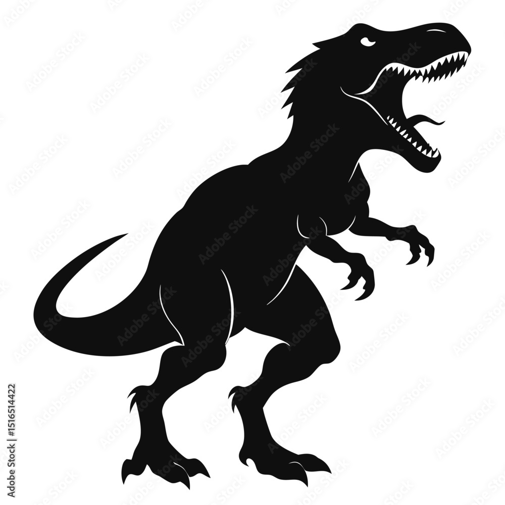 Fototapeta premium Silhouette Illustration of a Roaring Tyrannosaurus Rex with Sharp Teeth and Claws on White