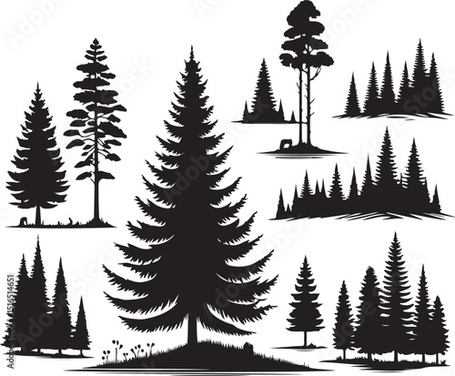 Winter forest set with fir trees, snow, and holiday illustrations for your Christmas nature design