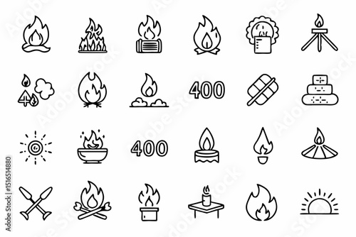 High quality line icons depicting bonfires fireplaces and flaming imagery for design projects