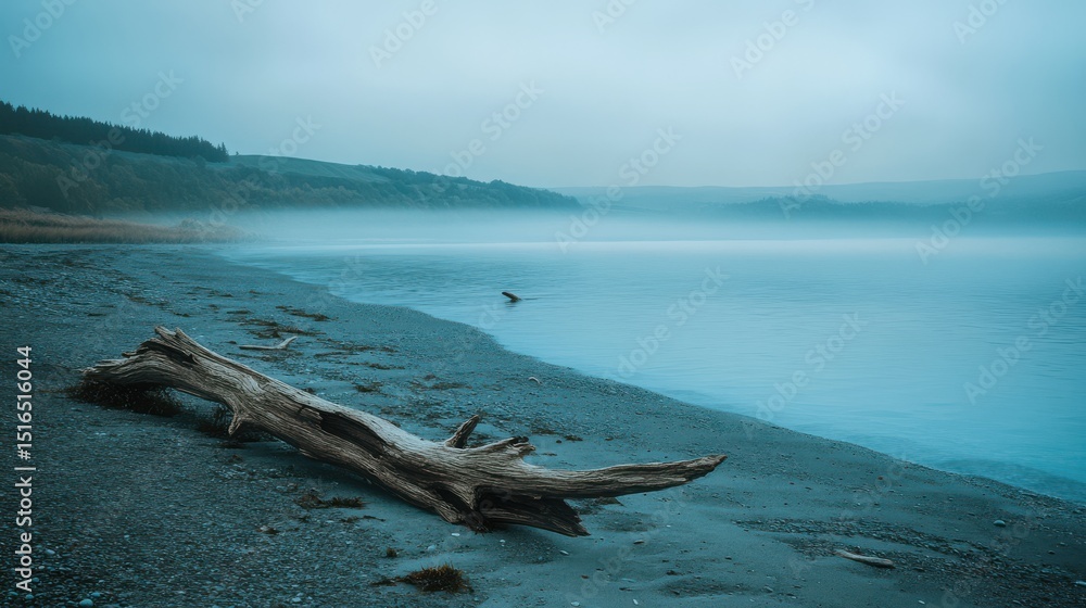Serene shoreline with a foggy atmosphere and a weathered log. Serene shoreline with a foggy atmosphere and a weathered log.