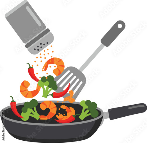 Illustration of stir-frying shrimp, broccoli, and chili peppers in a pan with seasoning