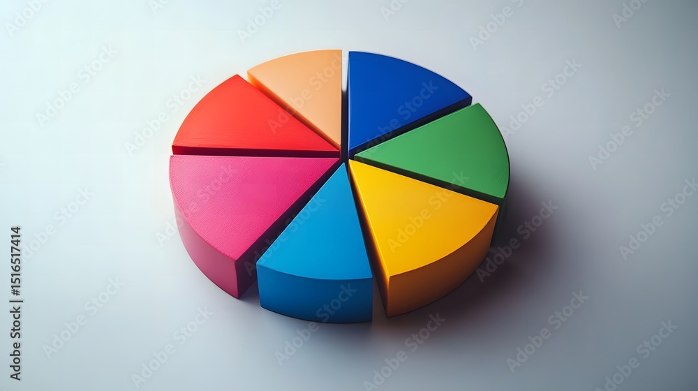 Fototapeta premium Colorful pie chart with bright sectors representing data visualization and statistical analysis in a minimal design