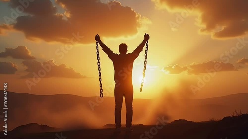 Silhouette breaking chains in sunrise, freedom concept
