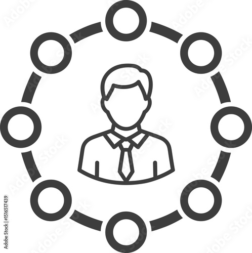 Greyscale line icon representing a network, self-organization, or professional connections, with a central person icon (head and shoulders with tie) surrounded by eight interconnected circular nodes.