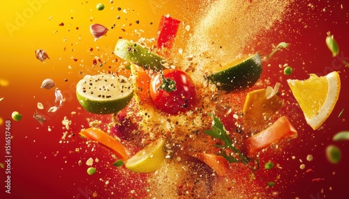 Fototapeta Naklejka Na Ścianę i Meble -  Vegetables and fruits frozen in explosion on yellow red background. Dynamic composition and lighting.