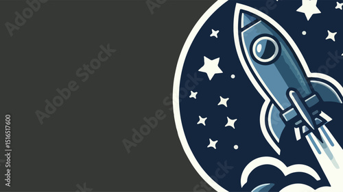 a logo that features a retro-inspired rocket ship, shades of blue and grey,