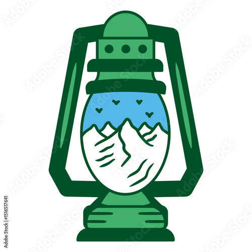 Vintage lantern with mountain and sky scene
