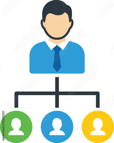Flat icon representing an organizational chart or employee hierarchy, showing a faceless manager figure in a blue shirt and tie, connected to three smaller, colorful circular subordinate icons (green,