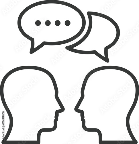 Line icon illustrating a conversation or dialogue, featuring two simplified human head silhouettes facing each other, with overlapping speech bubbles containing ellipses above them.