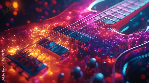Electric Symphony: A vibrant bass guitar in a glowing, colorful cosmic dream