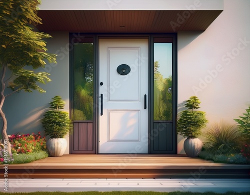 main entrance door white front door with landing in minimalist style home cottage house generative ai