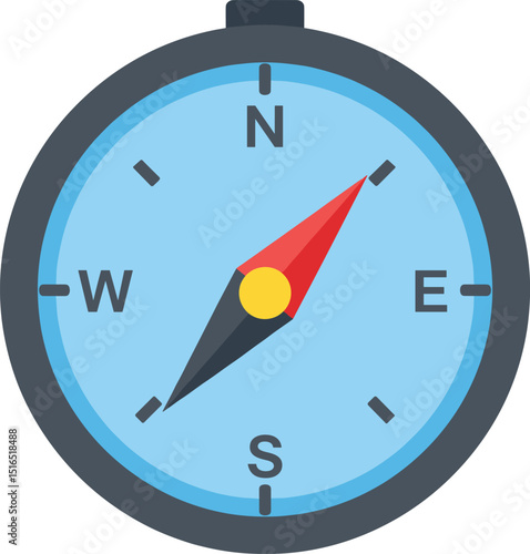 Flat design icon of a classic magnetic compass with a red and grey needle pointing North-West, displaying cardinal directions N, E, S, W