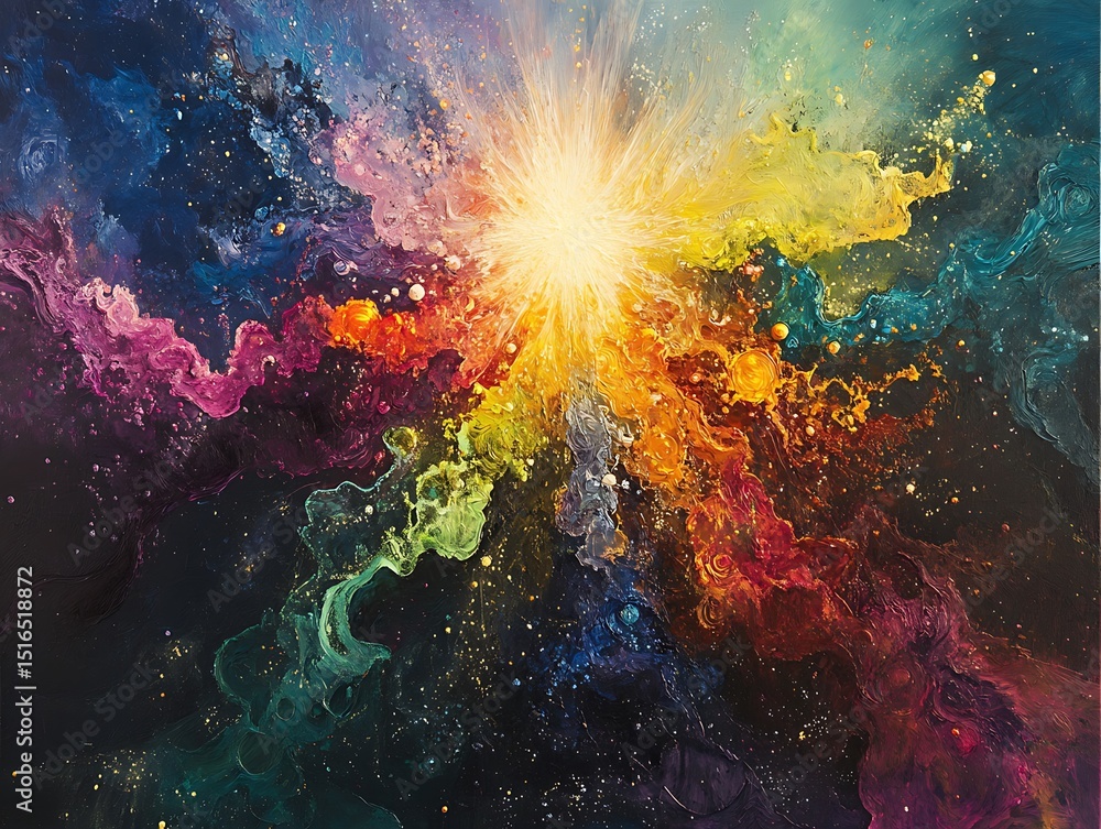 Fototapeta premium Radiant cosmic burst of colorful energy and flowing shapes in a dark expanse