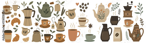 Cozy atmosphere of tea and coffee in retro illustration style