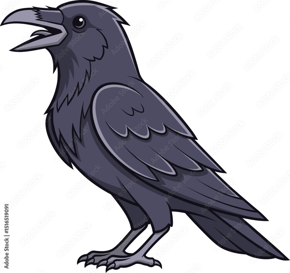Fototapeta premium Cartoon illustration of a black crow or raven with its beak open