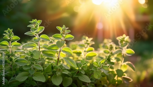fresh oregano growing in a garden with the sun shining through its leaves