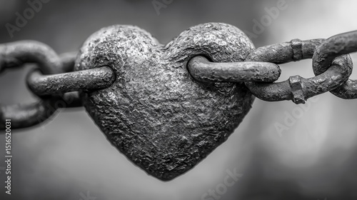A weathered heart shaped metal object is bound by a rugged chain symbolizing the enduring strength and resilience of human connections and relationships
