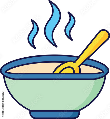 Cartoon icon of a bowl of hot soup or porridge with steam