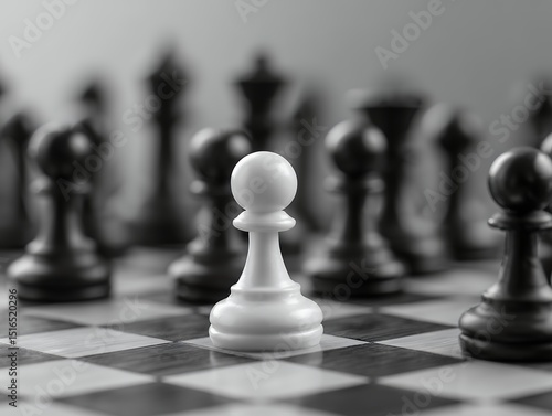 Single White Pawn on Chessboard Monochrome Close Up