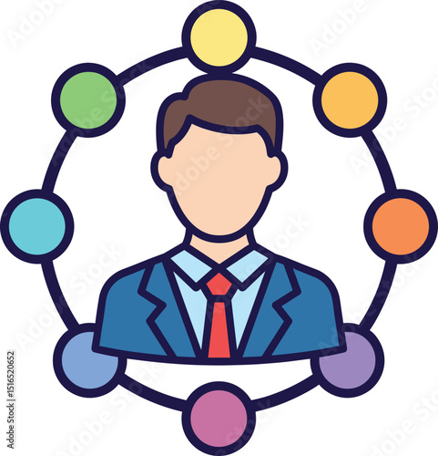 Flat icon depicting a central business person in a suit, connected to a surrounding network of eight colorful circles, representing stakeholders or diverse connections