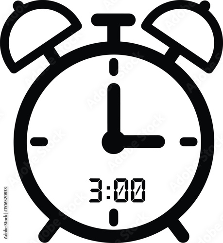 Black silhouette icon of a traditional twin-bell alarm clock with the digital display showing 3:00, symbolizing time or a deadline