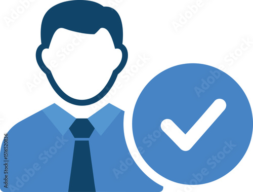 Icon representing an approved user or verified status, featuring a blue silhouette of a person in a shirt and tie next to a large blue circle with a white checkmark