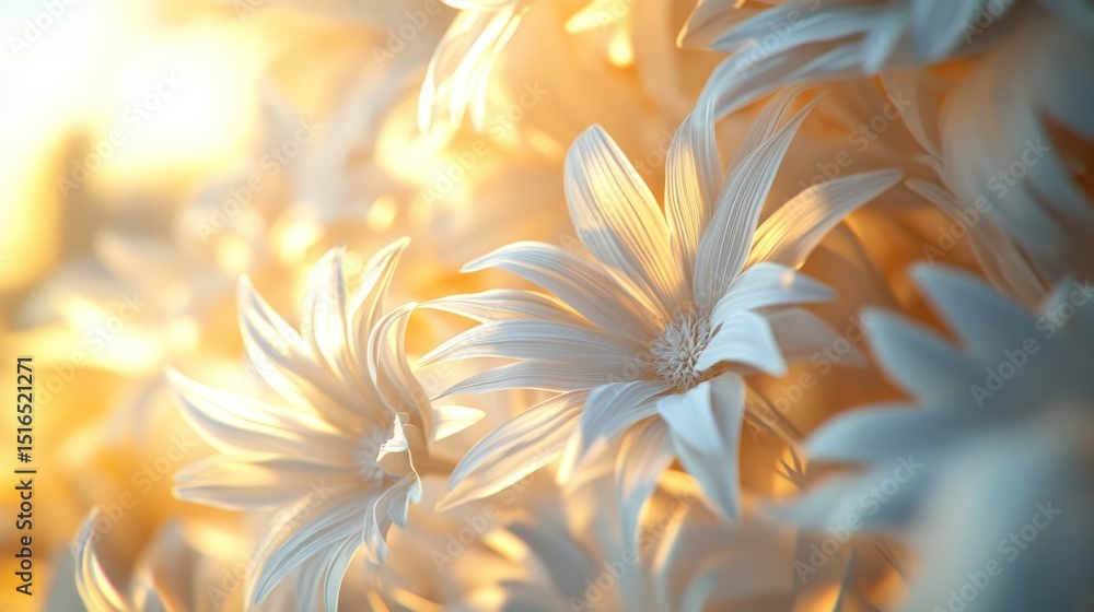A close-up of delicate white flowers illuminated by warm sunlight. A close-up of delicate white flowers illuminated by warm sunlight.