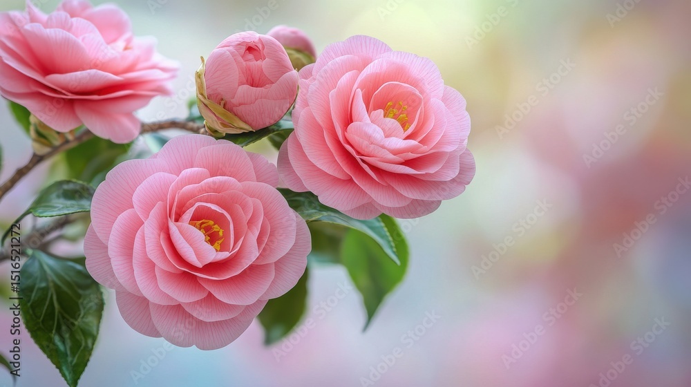 Obraz premium Delicate pink roses in soft focus, highlighting natural beauty and tranquility.