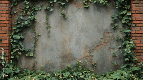 Weathered concrete wall framed by brick and lush ivy.