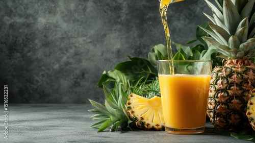 Fresh pineapple juice being poured into a glass with whole pineapples nearby.