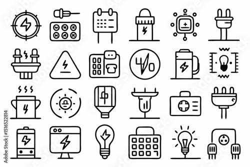 High quality line icons depicting various socket plug types and electric power related symbols