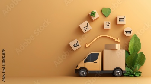 Delivery Concept with Truck and Cardboard Boxes on Orange Background