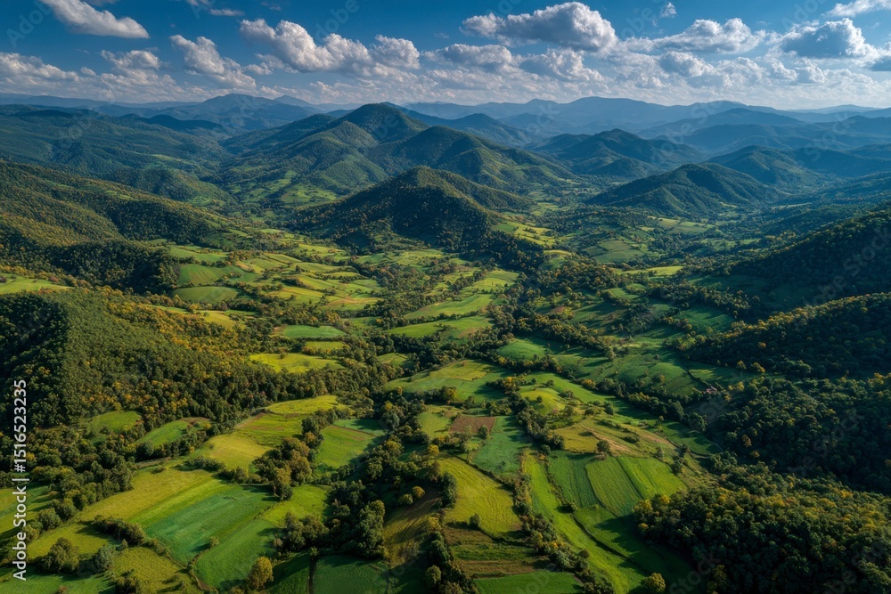 Fototapeta premium Lush Green Valley Surrounded by Majestic Mountains Under Blue Sky