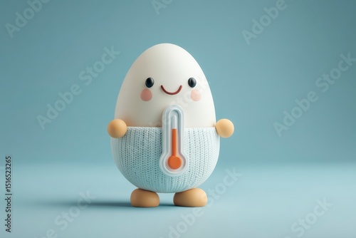 Cute Egg with Thermometer, Adorable Character on Blue Background