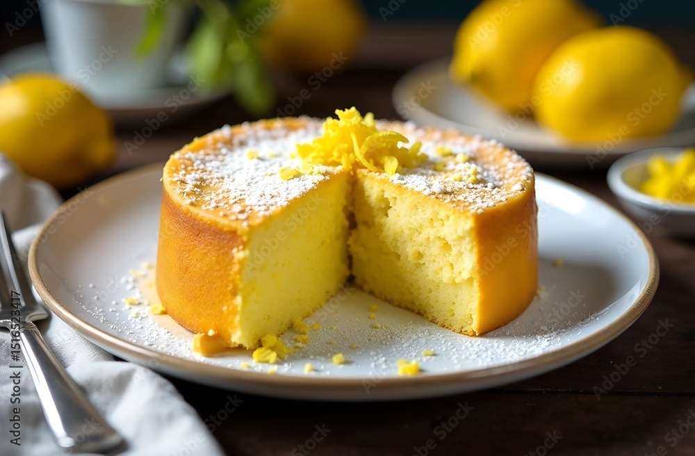Delicious lemon cake served on a plate with powdered sugar and fresh zest Delicious lemon cake served on a plate with powdered sugar and fresh zest