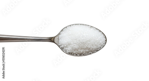 Silver spoon filled with white sugar crystals isolated on a transparent background