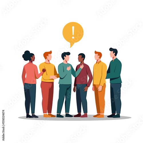 Diverse Group of People Discussing Issues with Exclamation Point Speech Bubble Illustration