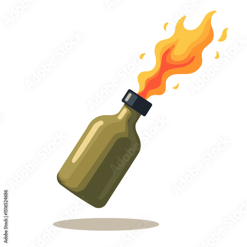 Illustration of a Molotov Cocktail with Flames, a Crude Incendiary Weapon, Against a White Background