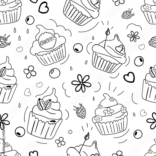 Seamless vector pattern with muffins. Muffin with berry, fruits and decoration. Hand drawn illustration in doodle style
