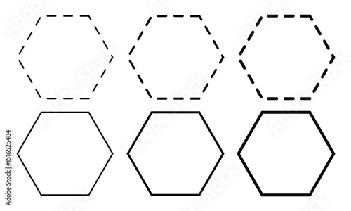 Smooth hexagon shape with geometric edges set. Regular polygon icon. Flat vector illustration isolated on white background.