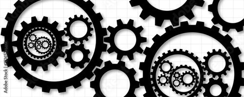 Large cog wheels on the headline industrial technology designs, or automation-themed background. Abstract gear mechanism blueprint illustration. Line-art style illustration of interconnected gears 