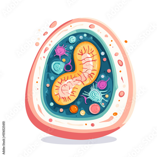 Abstract Illustration of a Biological Cell with Intricate Internal Structures in a Cartoonish Style with Blue and Coral Accents